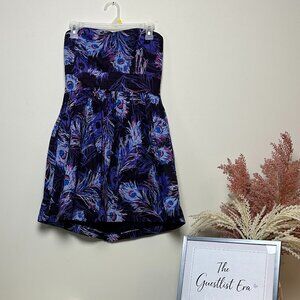 Forever 21 Purple and Pink Peacock Feather Strapless Top